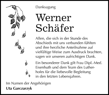 Traueranzeige von Werner Schäfer von Mitteldeutsche Zeitung Mansfelder Land