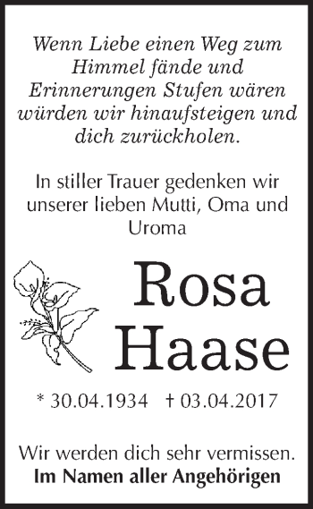 Traueranzeige von Rosa Haase von WVG - Wochenspiegel Bitterfeld