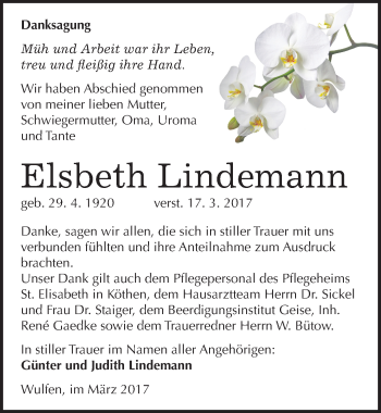 Traueranzeige von Elsbeth Lindemann von Mitteldeutsche Zeitung Köthen