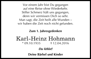 Traueranzeige von Karl-Heinz Hohmann von Mitteldeutsche Zeitung Dessau-Roßlau