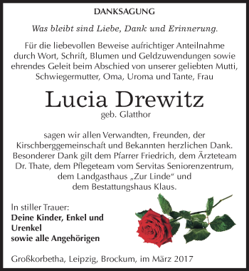 Traueranzeige von Lucia Drewitz von Mitteldeutsche Zeitung Weißenfels
