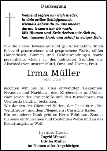 Traueranzeige von Irma Müller von Mitteldeutsche Zeitung Weißenfels