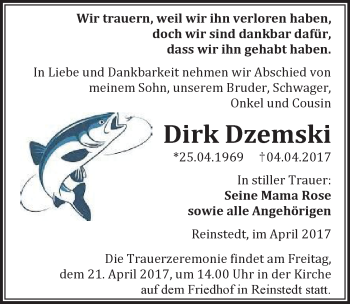 Traueranzeige von Dirk Dzemski von Mitteldeutsche Zeitung Quedlinburg