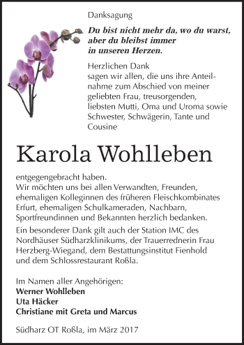 Traueranzeige von Karola Wohlleben von Mitteldeutsche Zeitung Sangerhausen