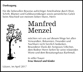 Traueranzeige von Manfred Menzel von Mitteldeutsche Zeitung Weißenfels