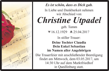 Traueranzeige von Christine Utpadel von Mitteldeutsche Zeitung Quedlinburg