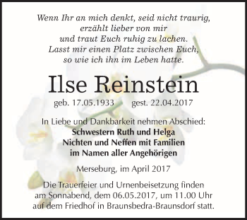 Traueranzeige von Ilse Reinstein von WVG - Wochenspiegel Merseburg