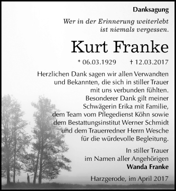 Traueranzeige von Kurt Franke von Mitteldeutsche Zeitung Quedlinburg