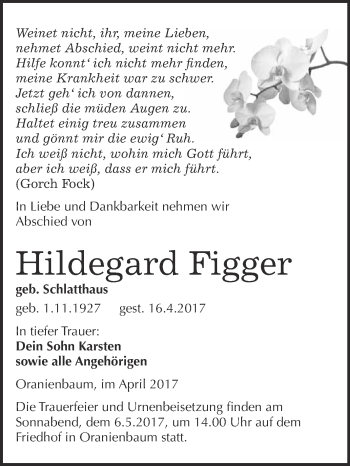 Traueranzeige von Hildegard Figger von WVG - Wochenspiegel Wittenberg