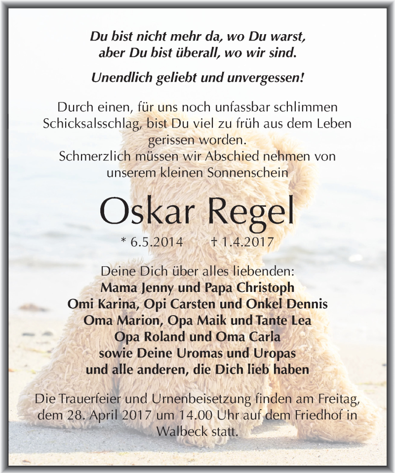  Traueranzeige für Oskar Regel vom 12.04.2017 aus Mitteldeutsche Zeitung Mansfelder Land
