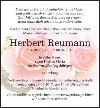 Traueranzeige von Herbert Reumann von Mitteldeutsche Zeitung Naumburg/Nebra