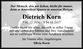 Traueranzeige von Dietrich Korn von Mitteldeutsche Zeitung Mansfelder Land