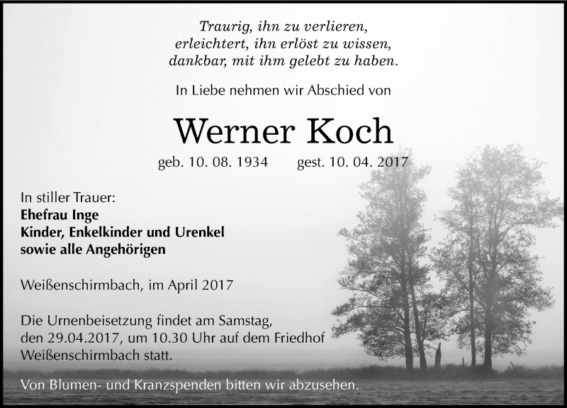 Traueranzeige für Werner Koch vom 18.04.2017 aus Mitteldeutsche Zeitung Merseburg/Querfurt