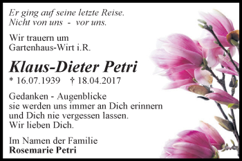 Traueranzeige von Klaus-Dieter Petri von Super Sonntag Aschersleben