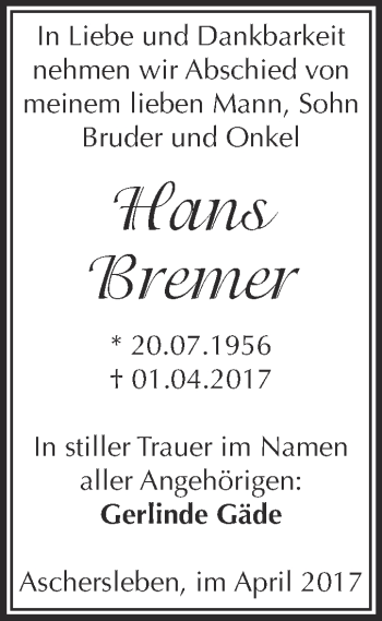 Traueranzeige von Hans Bremer von Super Sonntag SGH Mansf. Land