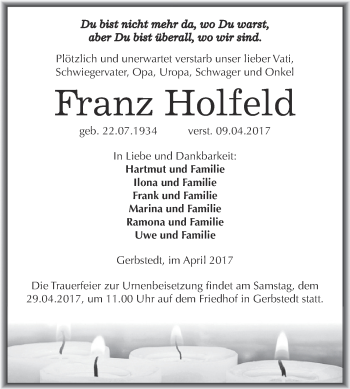 Traueranzeige von Franz Holfeld von Super Sonntag SGH Mansf. Land