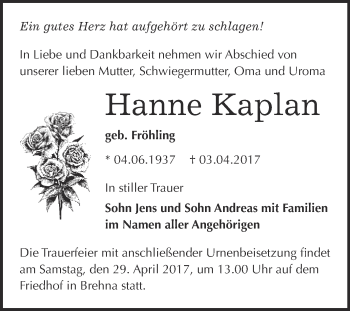 Traueranzeige von Hanne Kaplan von WVG - Wochenspiegel Bitterfeld