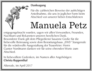 Traueranzeige von Manuela Petz von Wochenspiegel Mansfelder Land