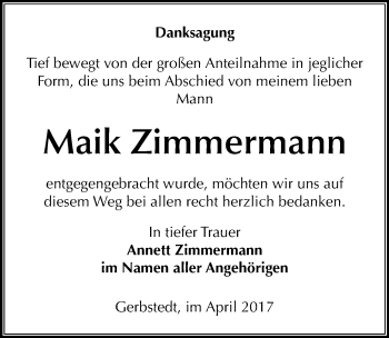 Traueranzeige von Maik Zimmermann von Mitteldeutsche Zeitung Mansfelder Land