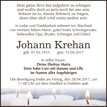 Traueranzeige von Johann Krehan von Wochenspiegel Mansfelder Land