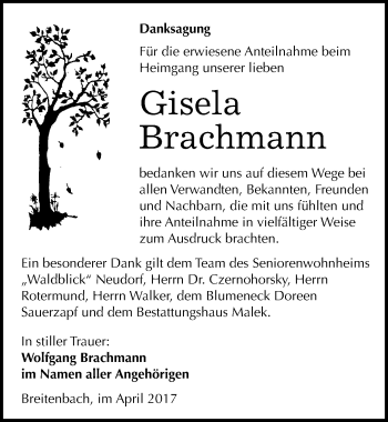 Traueranzeige von Gisela Brachmann von Mitteldeutsche Zeitung Sangerhausen