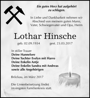 Traueranzeige von Lothar Hinsche von Mitteldeutsche Zeitung Zeitz