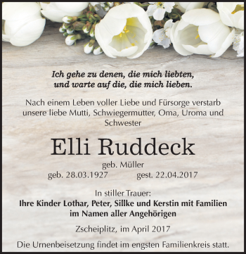 Traueranzeige von Elli Ruddeck von Mitteldeutsche Zeitung Naumburg/Nebra