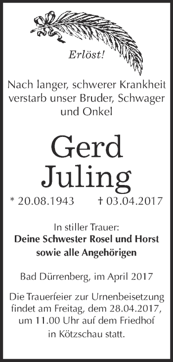 Traueranzeige von Gerd Juling von Super Sonntag Halle