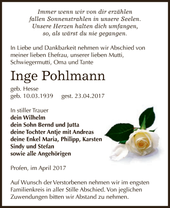 Traueranzeige von Inge Pohlmann von Super Sonntag Zeitz