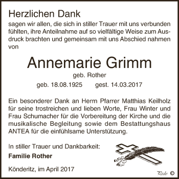 Traueranzeige von Annemarie Grimm von Super Sonntag Zeitz