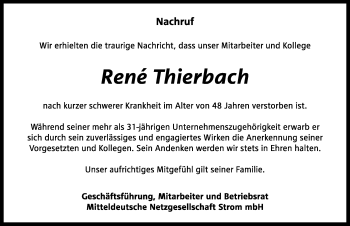 Traueranzeige von Rene Thierbach von Mitteldeutsche Zeitung Merseburg/Querfurt