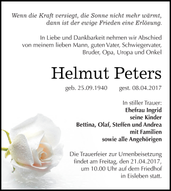 Traueranzeige von Helmut Peters von Super Sonntag SGH Mansf. Land