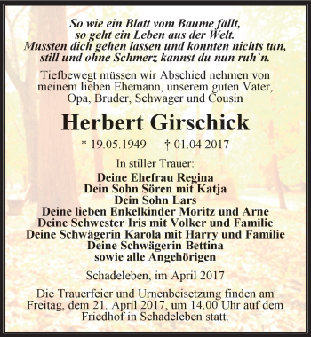 Traueranzeige von Herbert Girschick von Mitteldeutsche Zeitung Aschersleben