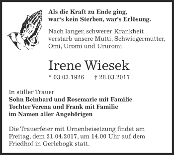 Traueranzeige von Irene Wiesek von Super Sonntag Bernburg