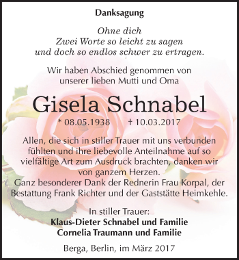 Traueranzeige von Gisela Schnabel von Mitteldeutsche Zeitung Sangerhausen