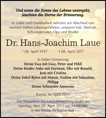 Traueranzeige von Hans-Joachim Laue von Super Sonntag Zeitz