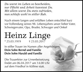 Traueranzeige von Heinz Linge von Mitteldeutsche Zeitung Halle/Saalkreis
