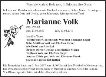Traueranzeige von Marianne Volk von Super Sonntag Bernburg