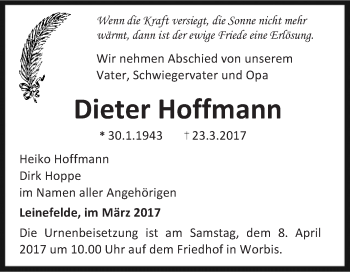 Traueranzeige von Dieter Hoffmann von WVG - Wochenspiegel Dessau / Köthen