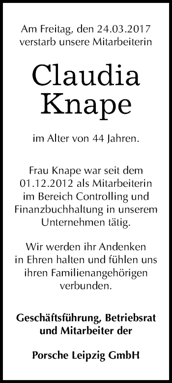 Traueranzeige von Claudia Knape von Mitteldeutsche Zeitung Halle/Saalkreis
