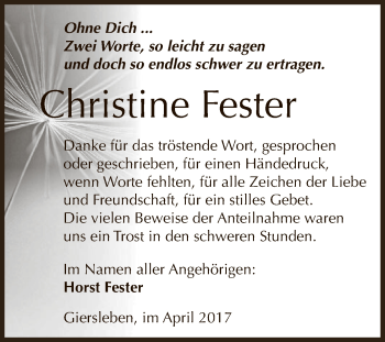 Traueranzeige von Christine Fester von Super Sonntag Aschersleben