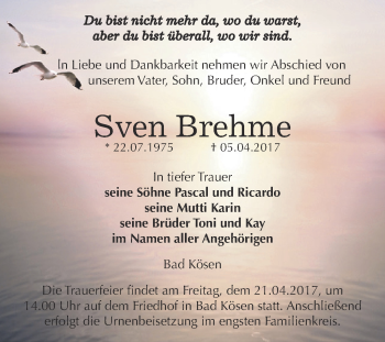 Traueranzeige von Sven Brehme von WVG - Wochenspiegel NMB / WSF / ZTZ