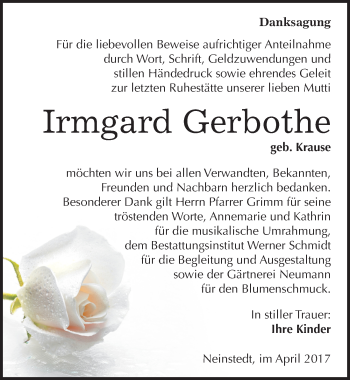 Traueranzeige von Irmgard Gerbothe von Mitteldeutsche Zeitung Quedlinburg