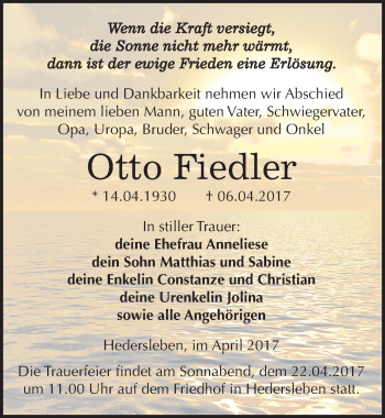 Traueranzeige von Otto Fiedler von Mitteldeutsche Zeitung Mansfelder Land