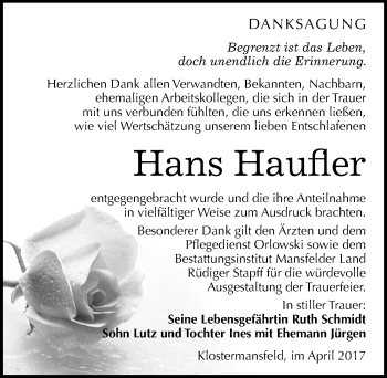 Traueranzeige von Hans Haufler von Mitteldeutsche Zeitung Mansfelder Land