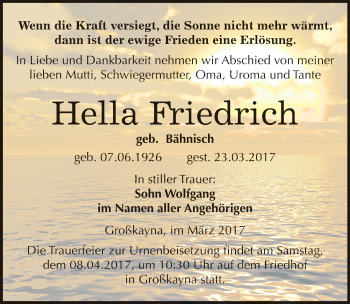 Traueranzeige von Hella Friedrich von Mitteldeutsche Zeitung Merseburg/Querfurt