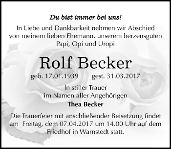 Traueranzeige von Rolf Becker von Mitteldeutsche Zeitung Quedlinburg