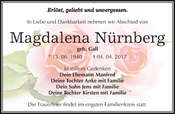 Traueranzeige von Magdalena Nürnberg von Mitteldeutsche Zeitung Wittenberg