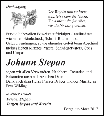 Traueranzeige von Johann Stepan von Super Sonntag SGH Mansf. Land