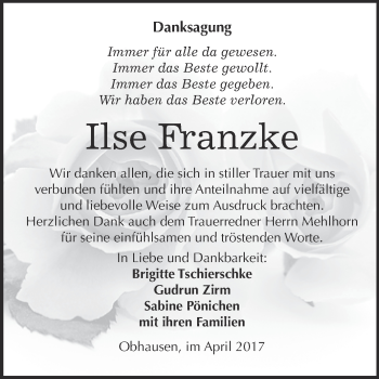 Traueranzeige von Ilse Franzke von WVG - Wochenspiegel Merseburg